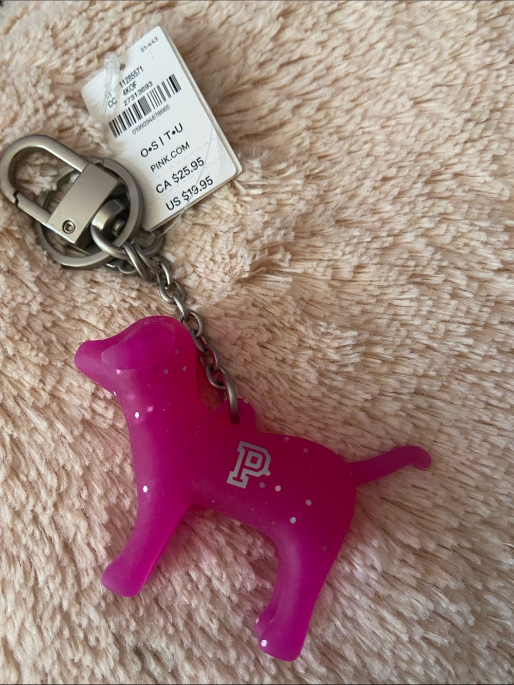 PINK Victoria's Secret Hot Pink Dog Keychain Charm with Silver Hardware